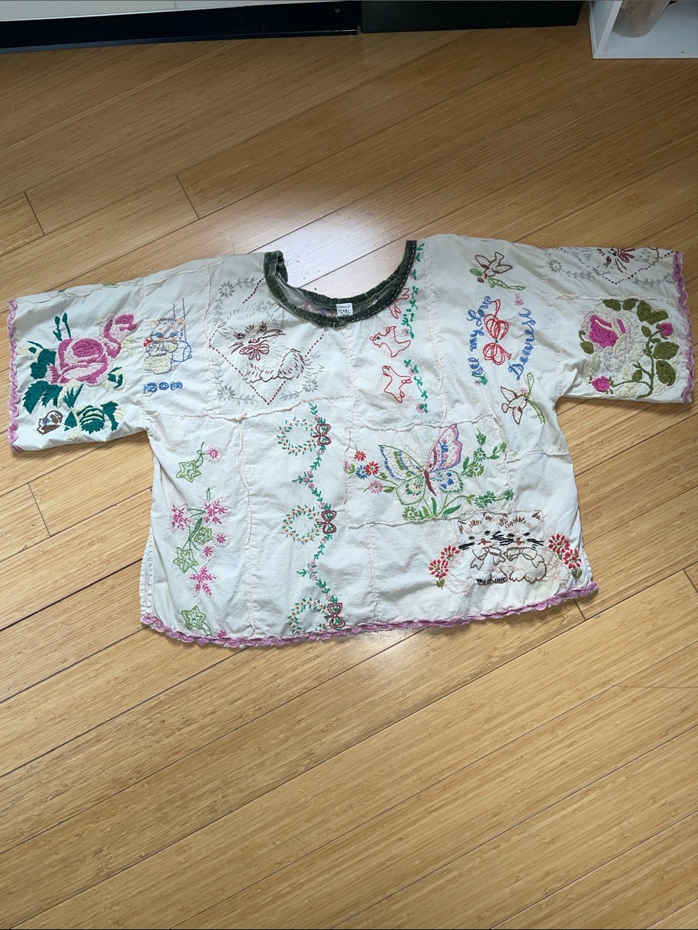 Embroidered Floral Patchwork Top in Cream and Pink